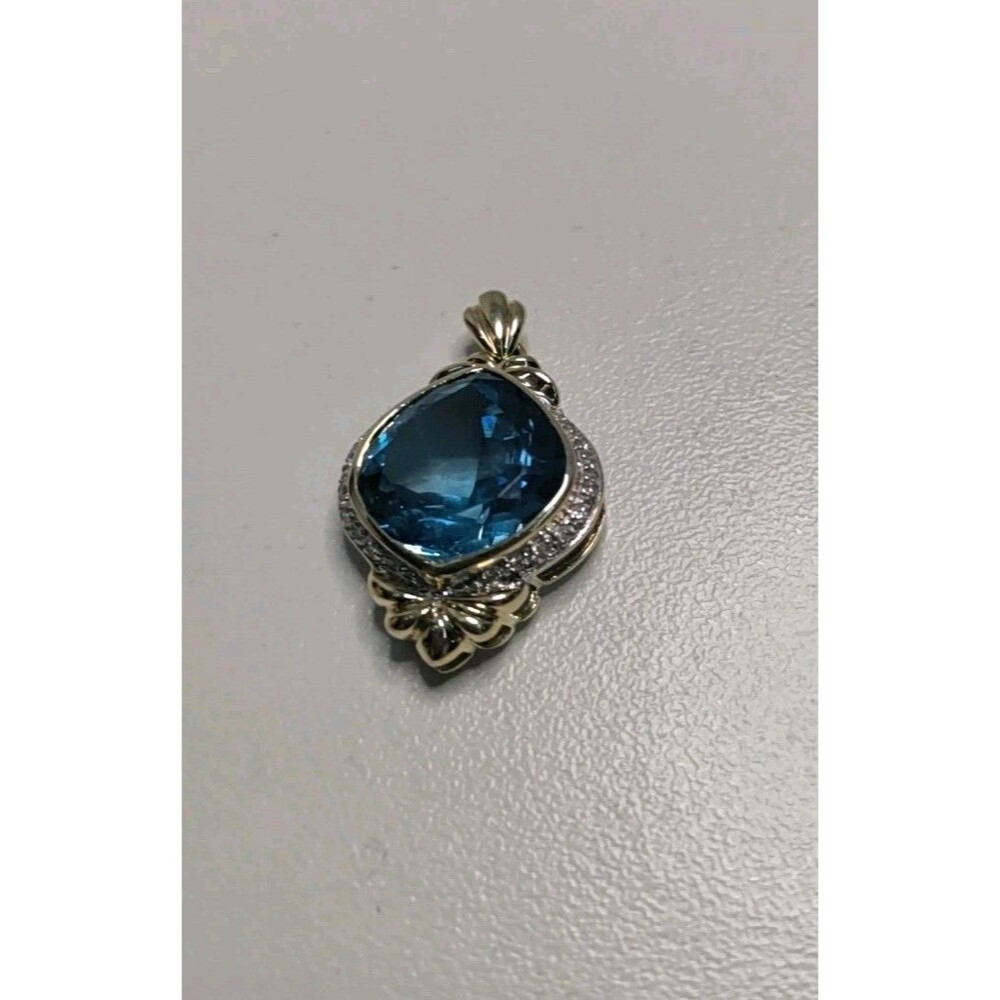 14 K Blue Topaz & Diamond Pendant 28 MM